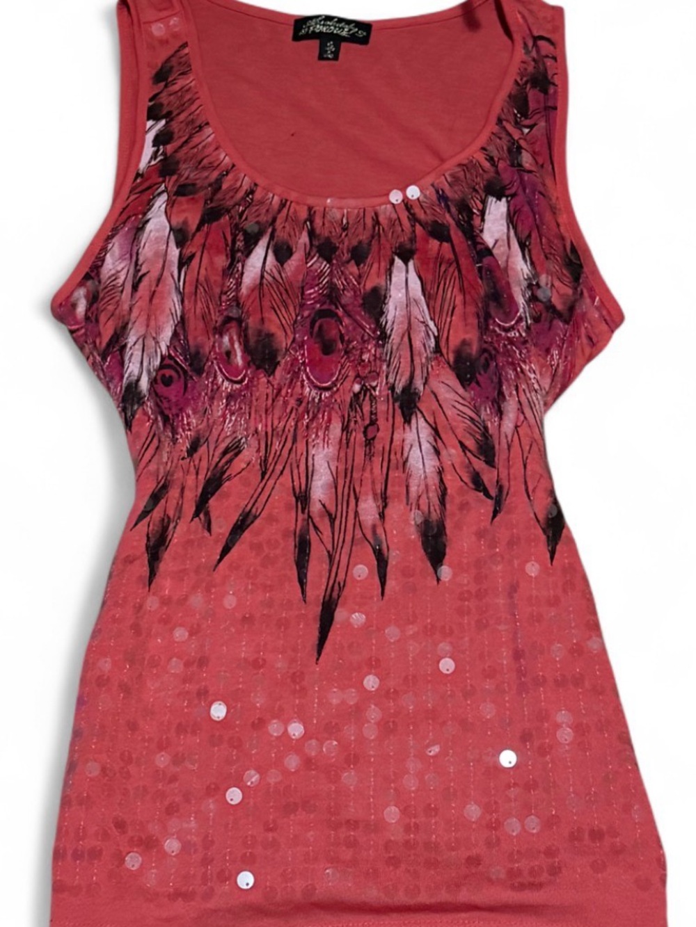 Absolutely Famous Coral Feather Y2K Sequin Tank Top